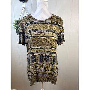 Vintage Darian Womens Size 8 Rayon Green & Black Patterned Tunic Top With Short